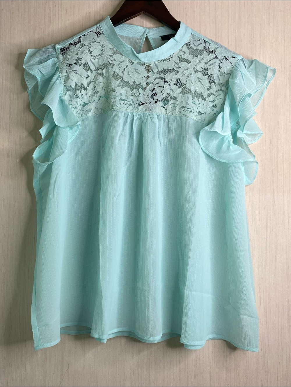 NWT Sky Plus Women’s Sheer Lace Yoke Ruffle Sleeve Blouse Blue 3X